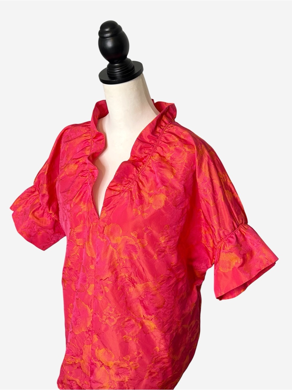 Finley Crosby Top Neon Rose Floral Jacquard Ruffle Neck Blouse Pink Orange L - Picture 3 of 11